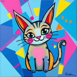 A whimsical and colorful painting of a cat with pointy ears, emphasizing abstract shapes and bold colors