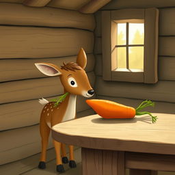 Inside a cozy wooden cabin, a small brown deer is holding a green vegetable in its mouth while looking with curiosity at a bright orange carrot resting on a rustic wooden table