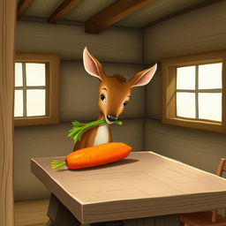 Inside a cozy wooden cabin, a small brown deer is holding a green vegetable in its mouth while looking with curiosity at a bright orange carrot resting on a rustic wooden table