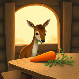 Inside a cozy wooden cabin, a small brown deer is holding a green vegetable in its mouth while looking with curiosity at a bright orange carrot resting on a rustic wooden table