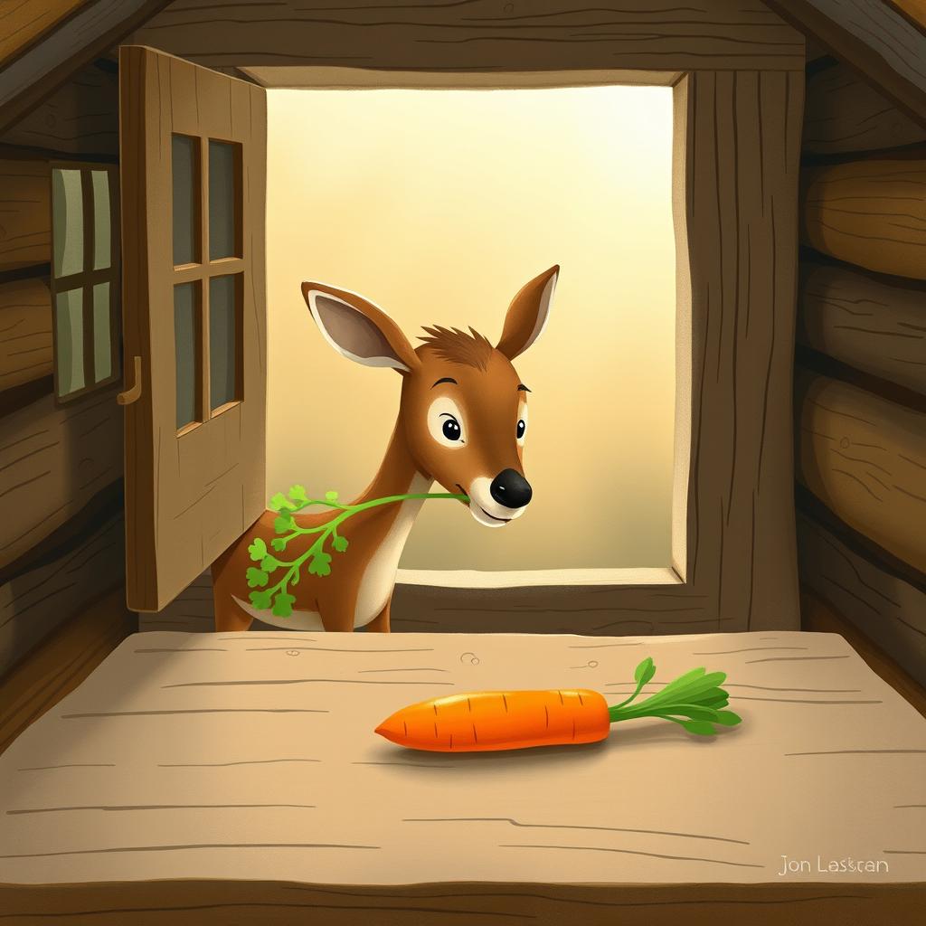 Inside a cozy wooden cabin, a small brown deer is holding a green vegetable in its mouth while looking with curiosity at a bright orange carrot resting on a rustic wooden table