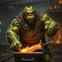 An ogre blacksmith, robust and imposing, working diligently at a forge