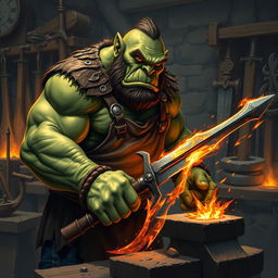An ogre blacksmith, robust and imposing, working diligently at a forge