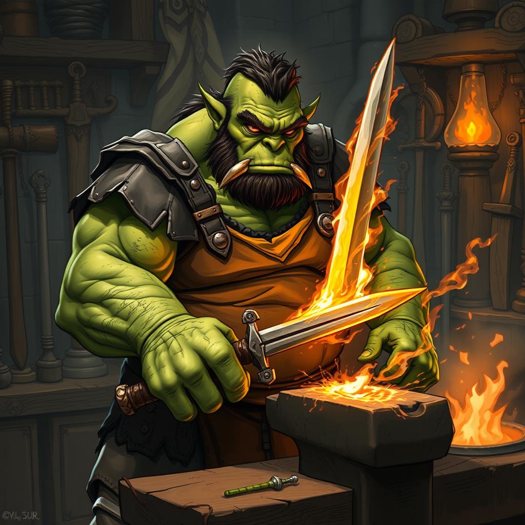 An ogre blacksmith, robust and imposing, working diligently at a forge