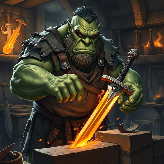 An ogre blacksmith, robust and imposing, working diligently at a forge