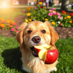 A cute dog happily eating an apple, with bright eyes and a playful expression