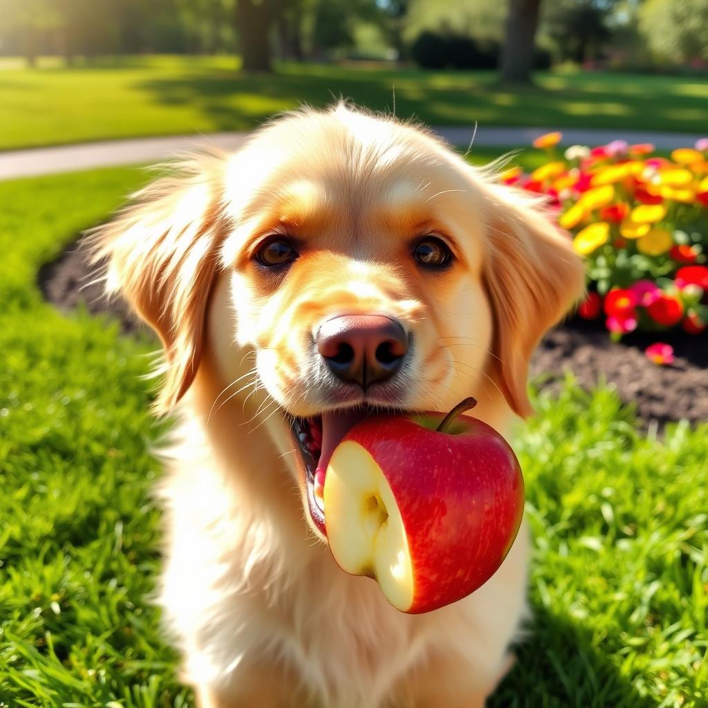 A cute dog happily eating an apple, with bright eyes and a playful expression