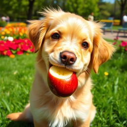 A cute dog happily eating an apple, with bright eyes and a playful expression