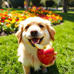 A cute dog happily eating an apple, with bright eyes and a playful expression
