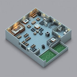 A detailed 3D floor plan of a large prison facility, showcasing various functional areas including a precinct room designed with elegant features resembling a luxury hotel, a bustling cafeteria filled with tables and chairs, a spacious fitness gym with workout equipment, a practical laundry room with washing machines and dryers, and a recreational playing ground with outdoor facilities