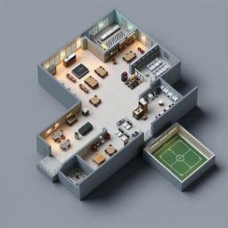 A detailed 3D floor plan of a large prison facility, showcasing various functional areas including a precinct room designed with elegant features resembling a luxury hotel, a bustling cafeteria filled with tables and chairs, a spacious fitness gym with workout equipment, a practical laundry room with washing machines and dryers, and a recreational playing ground with outdoor facilities