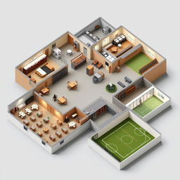 A detailed 3D floor plan of a large prison facility, showcasing various functional areas including a precinct room designed with elegant features resembling a luxury hotel, a bustling cafeteria filled with tables and chairs, a spacious fitness gym with workout equipment, a practical laundry room with washing machines and dryers, and a recreational playing ground with outdoor facilities