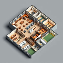 A detailed 3D floor plan of a large prison facility, showcasing various functional areas including a precinct room designed with elegant features resembling a luxury hotel, a bustling cafeteria filled with tables and chairs, a spacious fitness gym with workout equipment, a practical laundry room with washing machines and dryers, and a recreational playing ground with outdoor facilities