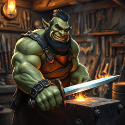 An ork blacksmith with a broad, muscular build and green skin, smiling warmly as he forges a sword at his anvil