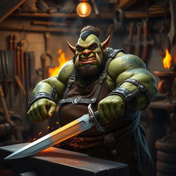 An ork blacksmith with a broad, muscular build and green skin, smiling warmly as he forges a sword at his anvil