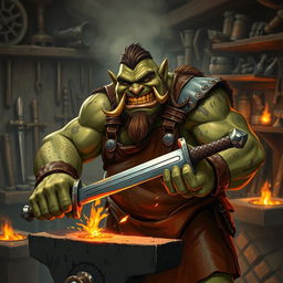 An ork blacksmith with a broad, muscular build and green skin, smiling warmly as he forges a sword at his anvil