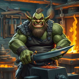 An ork blacksmith with a broad, muscular build and green skin, smiling warmly as he forges a sword at his anvil