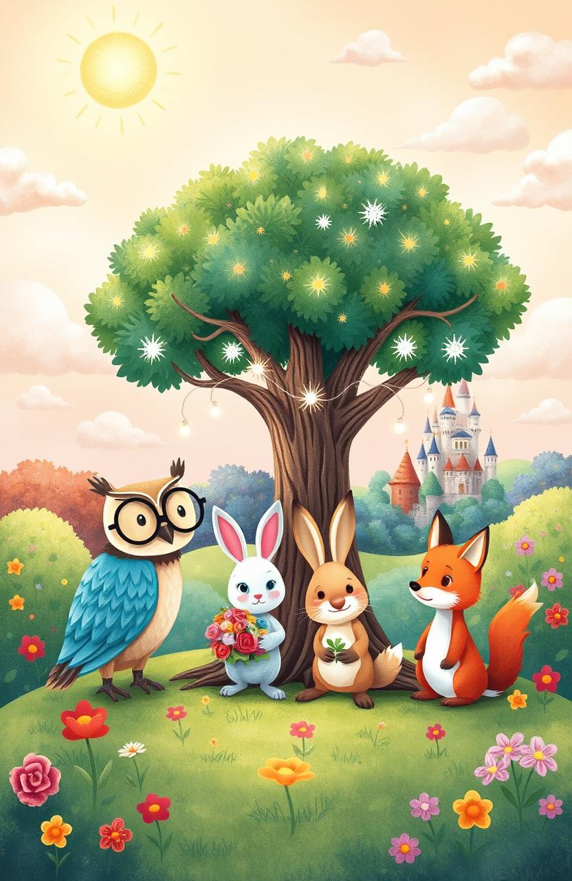 A whimsical illustration from a children's storybook, featuring a colorful forest scene with talking animals gathering around a magical tree