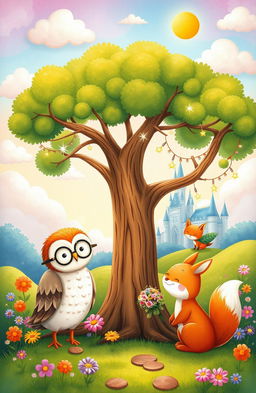 A whimsical illustration from a children's storybook, featuring a colorful forest scene with talking animals gathering around a magical tree