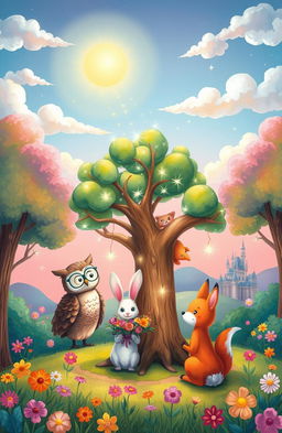 A whimsical illustration from a children's storybook, featuring a colorful forest scene with talking animals gathering around a magical tree