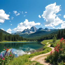 A serene landscape featuring a picturesque mountain range under a bright blue sky with fluffy white clouds