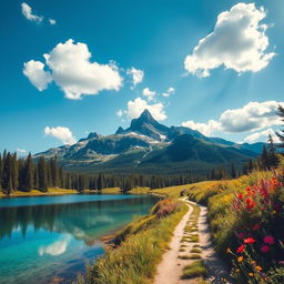 A serene landscape featuring a picturesque mountain range under a bright blue sky with fluffy white clouds