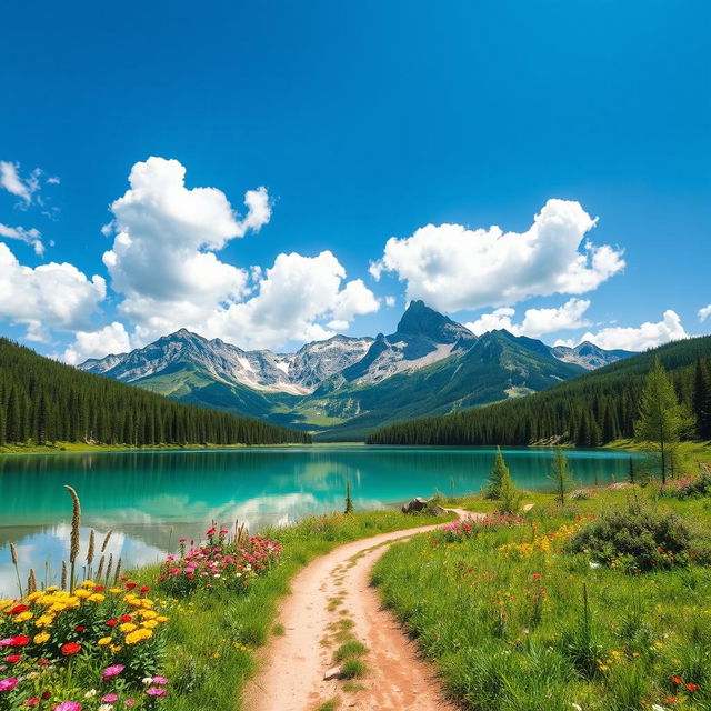 A serene landscape featuring a picturesque mountain range under a bright blue sky with fluffy white clouds