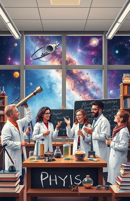 An imaginative representation of a group of diverse scientists exploring the world of physics, with elements of modern physics and theoretical concepts like quantum mechanics and relativity depicted around them