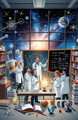 An imaginative representation of a group of diverse scientists exploring the world of physics, with elements of modern physics and theoretical concepts like quantum mechanics and relativity depicted around them