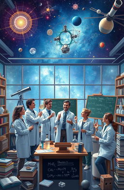 An imaginative representation of a group of diverse scientists exploring the world of physics, with elements of modern physics and theoretical concepts like quantum mechanics and relativity depicted around them