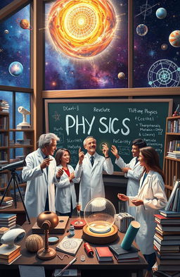 An imaginative representation of a group of diverse scientists exploring the world of physics, with elements of modern physics and theoretical concepts like quantum mechanics and relativity depicted around them