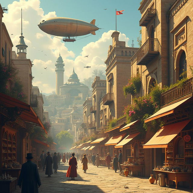 A vibrant steampunk interpretation of Aleppo, Syria, blending historical architecture with imaginative, mechanical elements