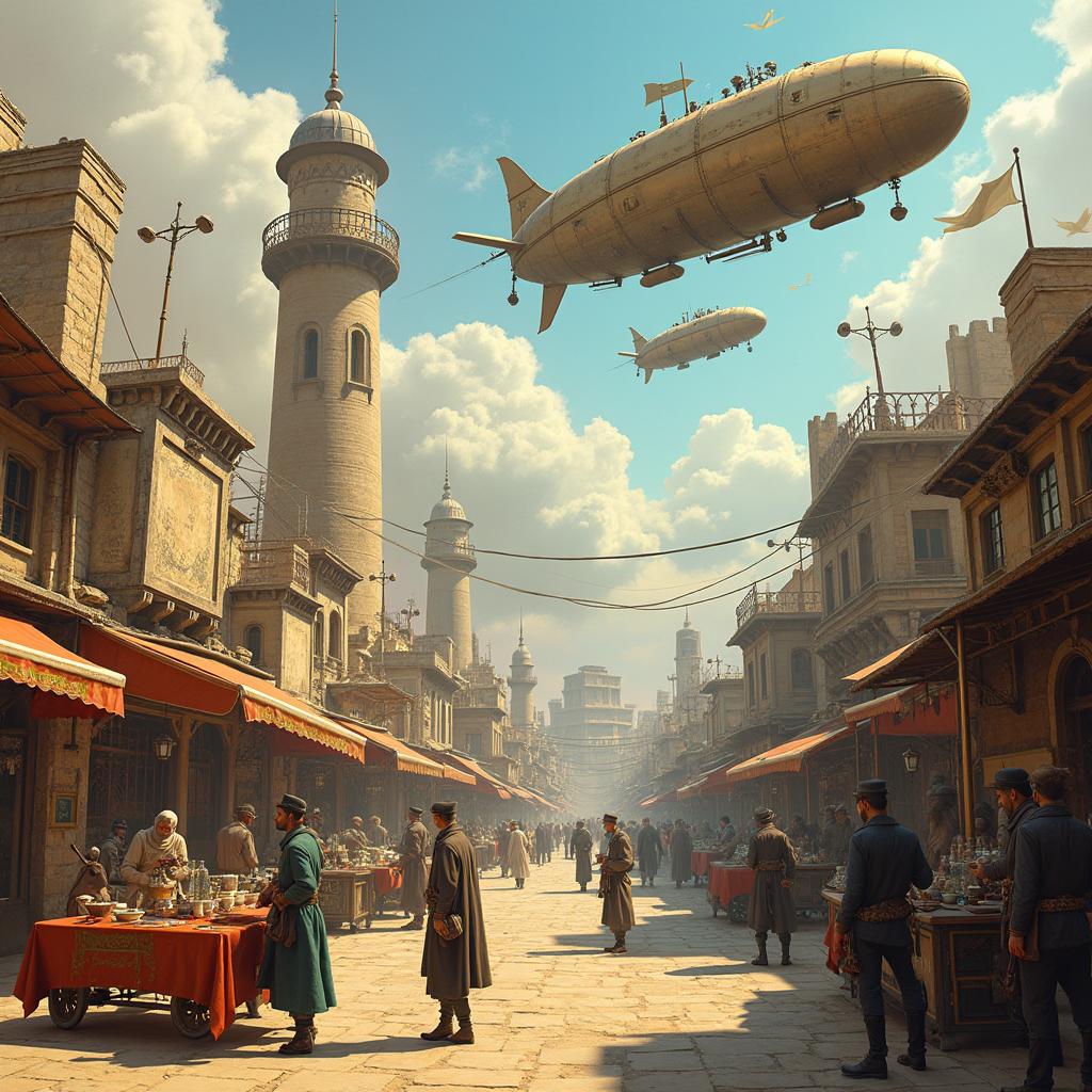 A vibrant and imaginative steampunk interpretation of Syria, featuring a blend of iconic architecture and traditional elements infused with futuristic steampunk designs