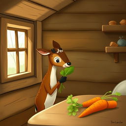 Inside a cozy wooden cabin, a small brown deer is holding a green leafy vegetable and looking curiously at a carrot placed on the table