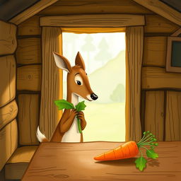 Inside a cozy wooden cabin, a small brown deer is holding a green leafy vegetable and looking curiously at a carrot placed on the table