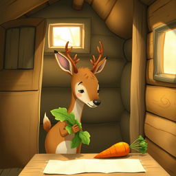 Inside a cozy wooden cabin, a small brown deer is holding a green leafy vegetable and looking curiously at a carrot placed on the table