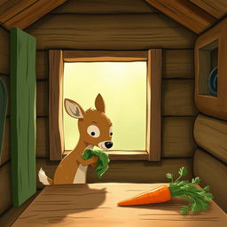 Inside a cozy wooden cabin, a small brown deer is holding a green leafy vegetable and looking curiously at a carrot placed on the table
