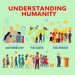 A vibrant and engaging concept poster that illustrates the interconnected fields of anthropology, sociology, and political science
