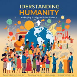 A vibrant and engaging concept poster that illustrates the interconnected fields of anthropology, sociology, and political science