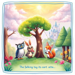 A whimsical illustration from a children's storybook, featuring a colorful forest scene with talking animals gathering around a magical tree