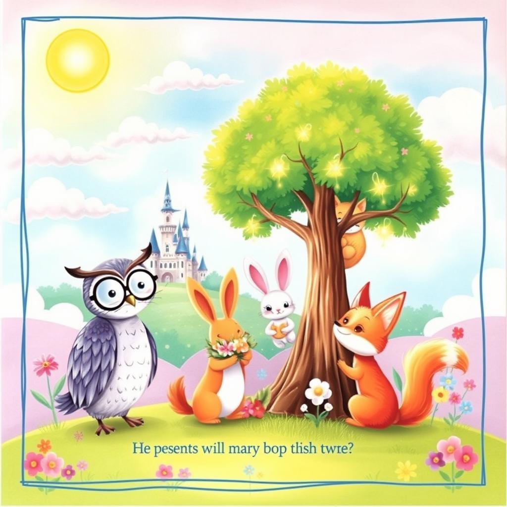 A whimsical illustration from a children's storybook, featuring a colorful forest scene with talking animals gathering around a magical tree