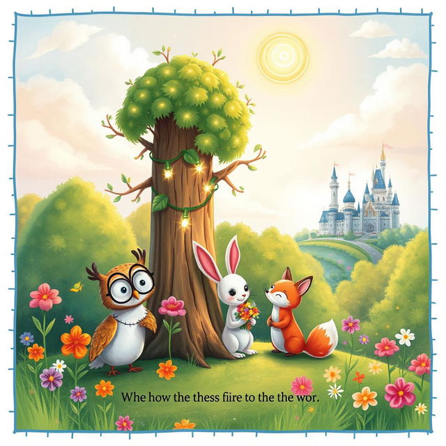 A whimsical illustration from a children's storybook, featuring a colorful forest scene with talking animals gathering around a magical tree