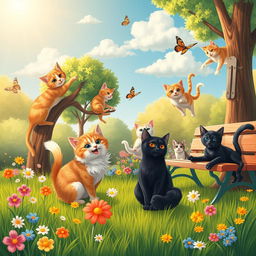 A whimsical and vibrant scene featuring playful cats engaging in various fun activities