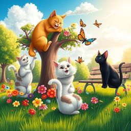 A whimsical and vibrant scene featuring playful cats engaging in various fun activities