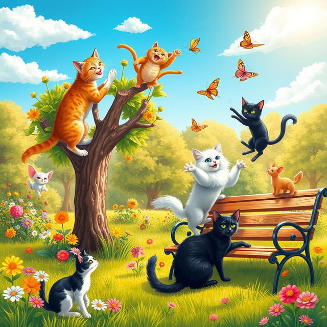 A whimsical and vibrant scene featuring playful cats engaging in various fun activities