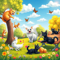A whimsical and vibrant scene featuring playful cats engaging in various fun activities