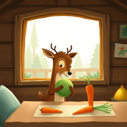 Inside a wooden cabin, a small brown deer holding a cabbage looks curiously at a carrot placed on the table