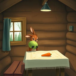 Inside a wooden cabin, a small brown deer holding a cabbage looks curiously at a carrot placed on the table
