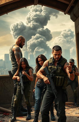 A group of rugged mercenaries in tactical gear, fiercely taking down a dystopian regime