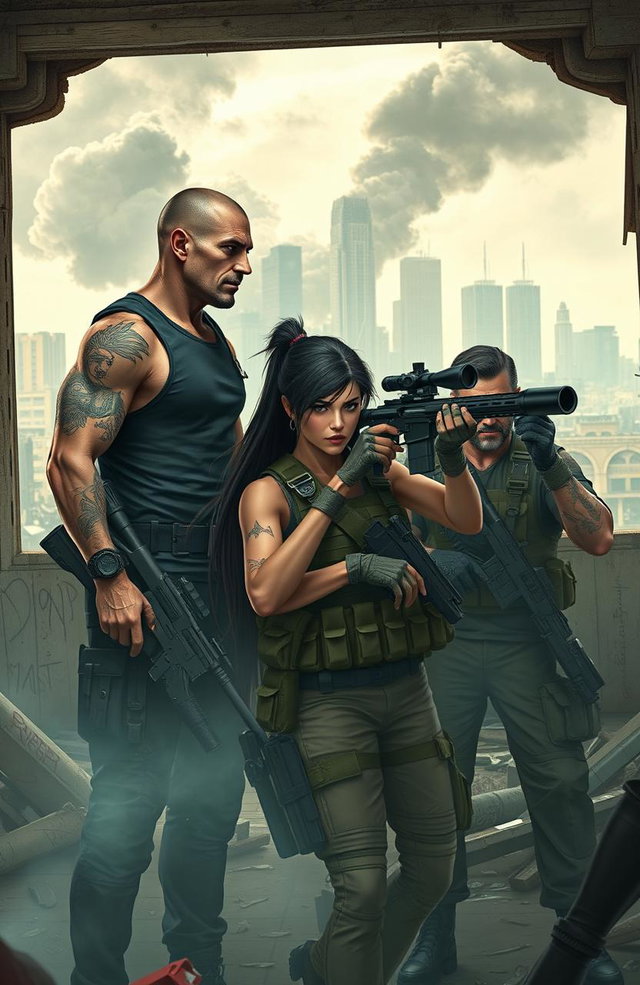 A group of rugged mercenaries in tactical gear, fiercely taking down a dystopian regime